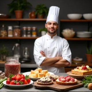 I.I.D sample 2 of 4 for the prompt "a chef's display of ingredients and pastry creations"