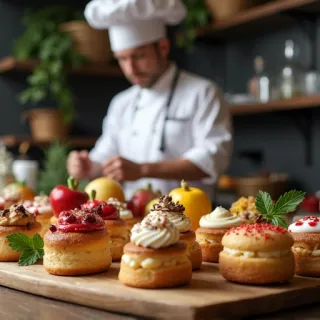 I.I.D sample 3 of 4 for the prompt "a chef's display of ingredients and pastry creations"